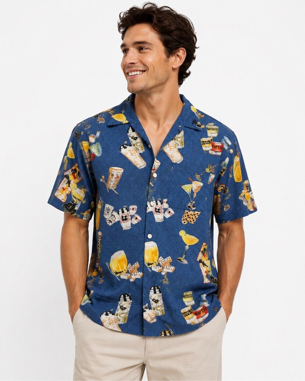 Third Rail Men’s XL Blue Hawaiian Camp Shirt Cocktail Tiki Domino Button Up VTG